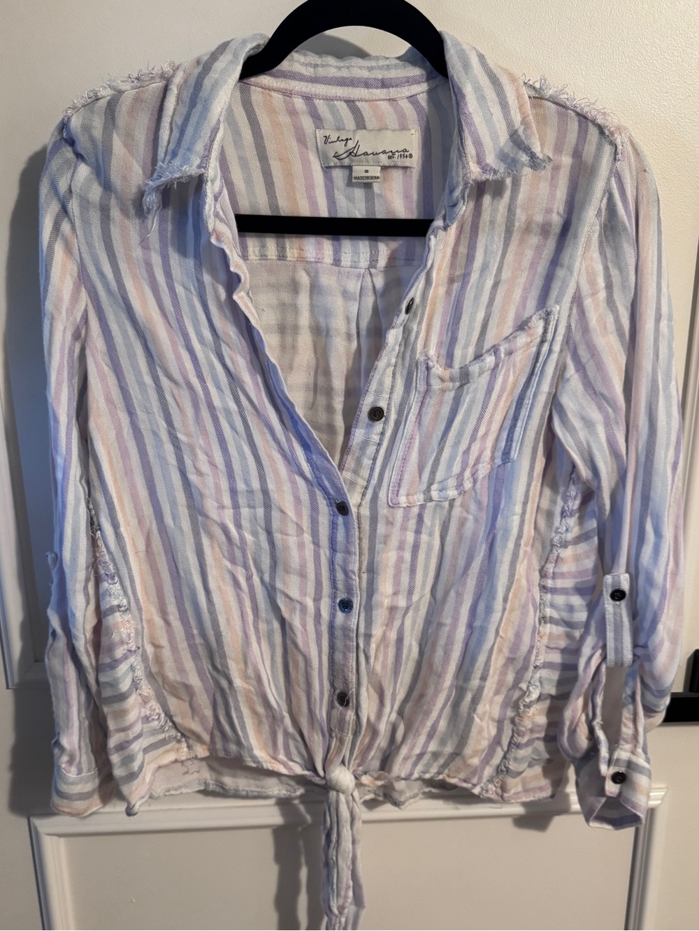 Vintage Havana Pastel Blue & Pink Striped Tie-Front Button-Up Shirt